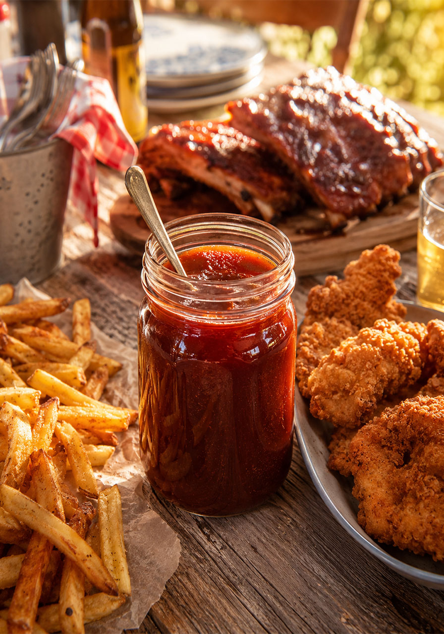Homemade BBQ sauce served as a dipping sauce for fries, chicken tenders, and ribs at a party