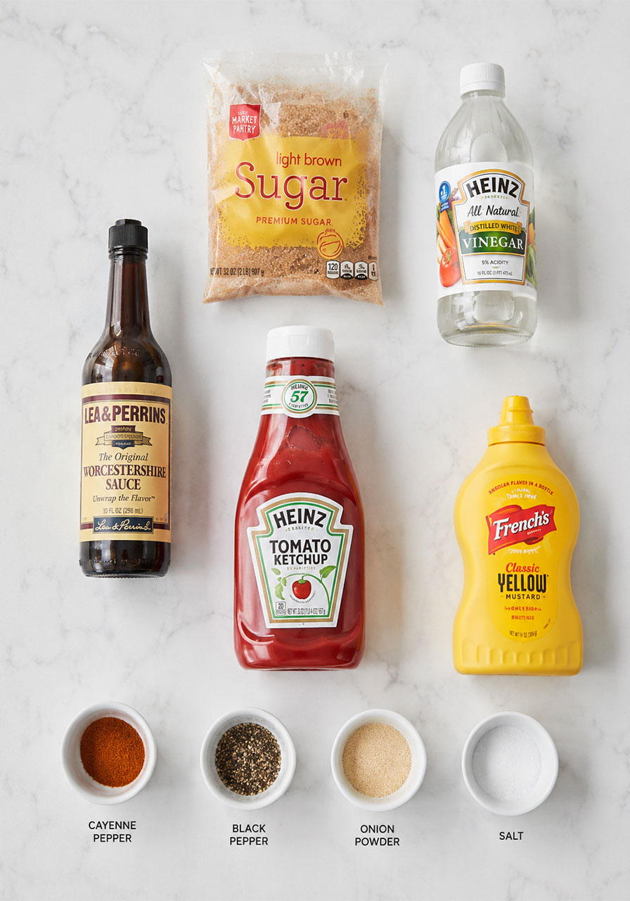 All ingredients needed for homemade BBQ sauce including ketchup, vinegar, brown sugar, mustard, and spices