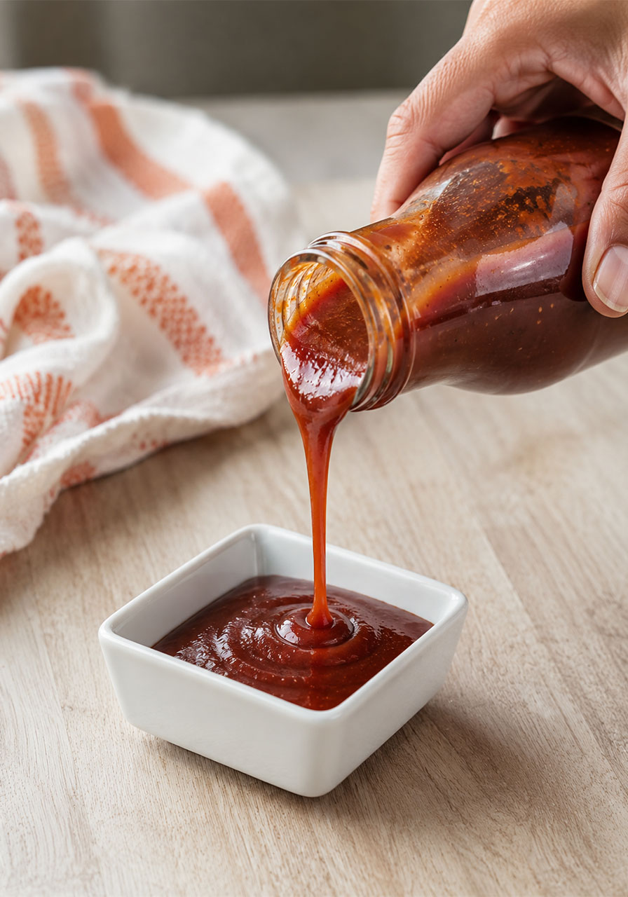 Pouring thick homemade BBQ sauce from a glass bottle into a white ceramic dipping bowl