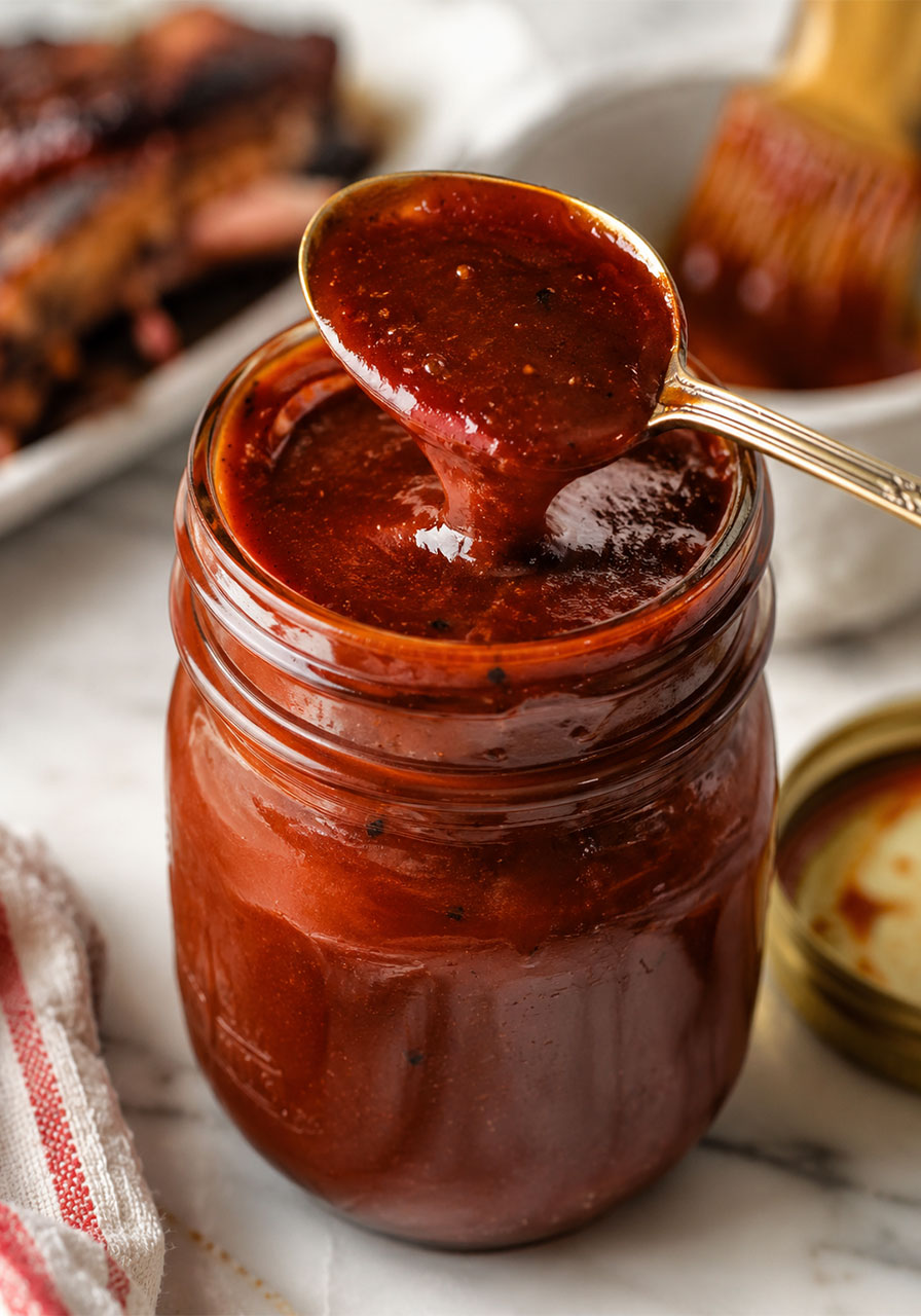 Homemade BBQ sauce in a glass mason jar with a spoon dripping thick glossy sauce
