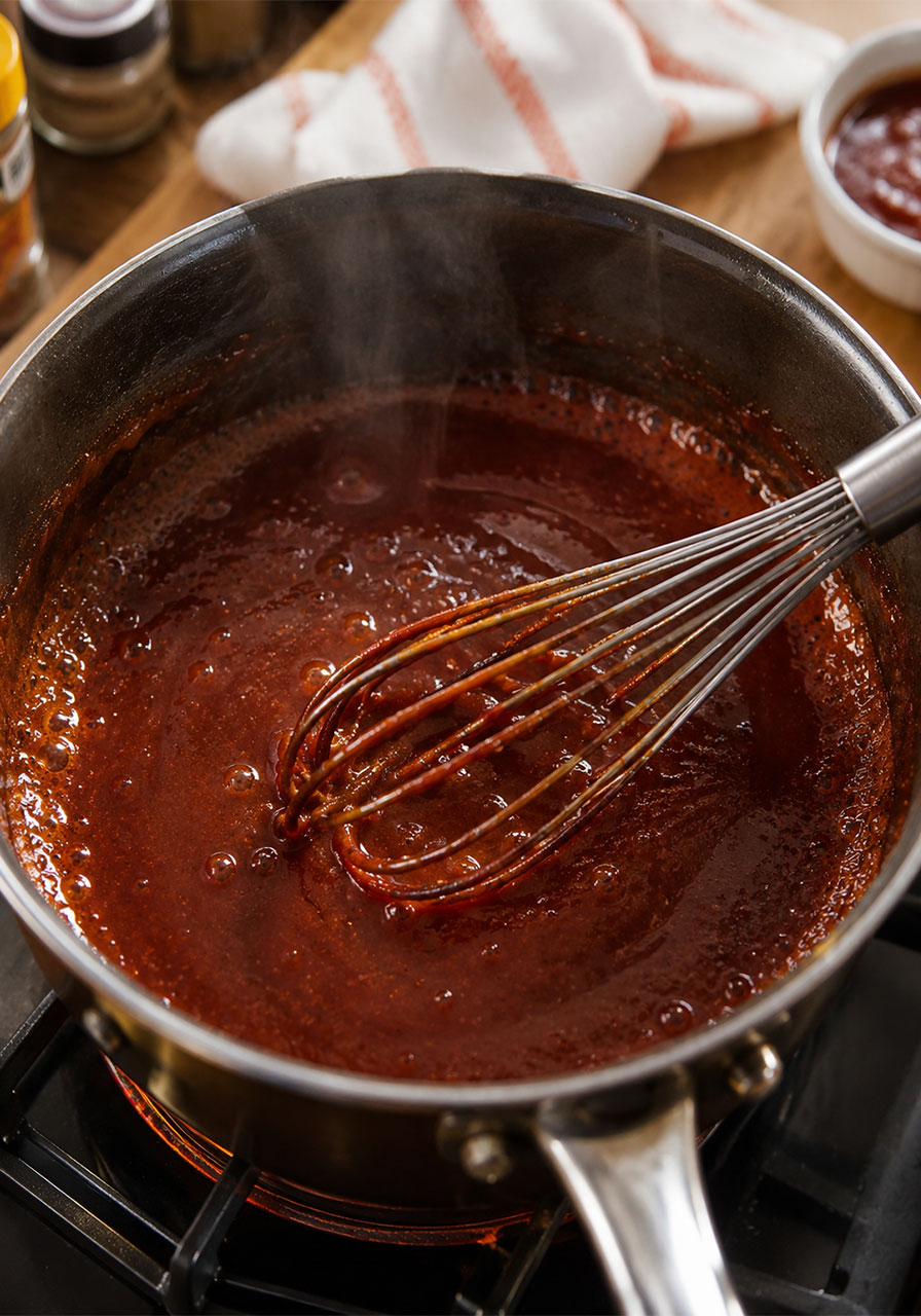 Homemade BBQ sauce simmering in a saucepan on the stove until thickened