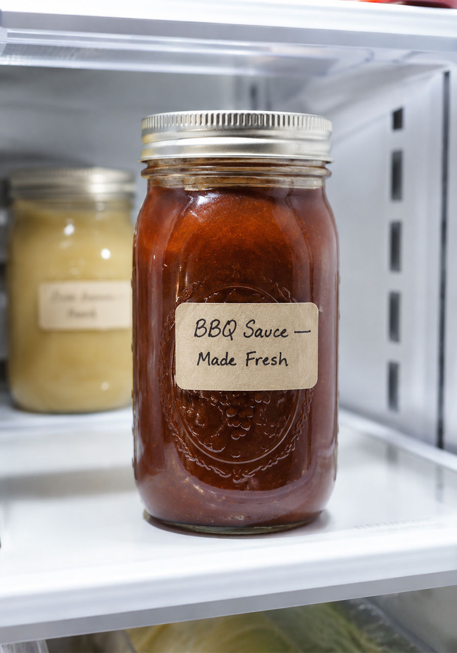 Homemade BBQ sauce stored in a sealed glass mason jar in the refrigerator