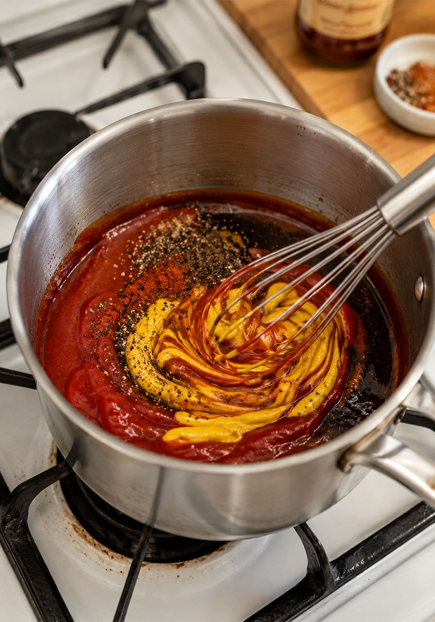 Whisking together homemade BBQ sauce ingredients including ketchup and mustard in a saucepan