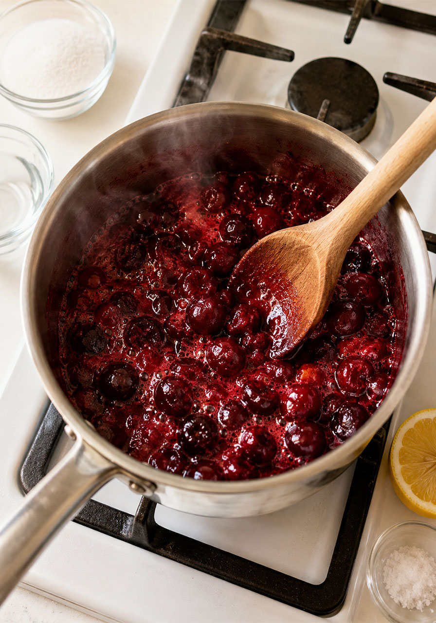 Homemade cherry pie syrup simmering in a saucepan with frozen cherries and sugar for cherry iced tea