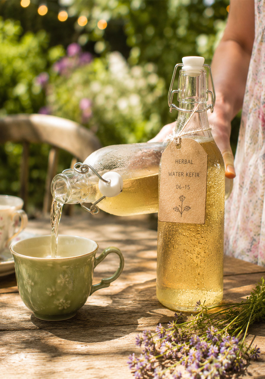 Homemade herbal water kefir poured into a teacup at a memorial tea party