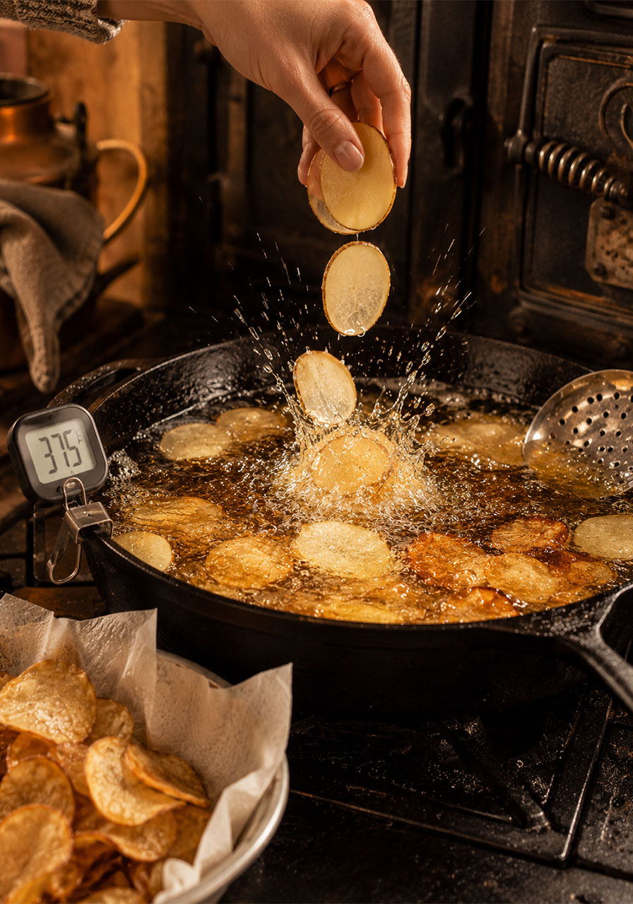 Thin potato slices frying in hot oil in a cast iron skillet for homemade camping potato chips