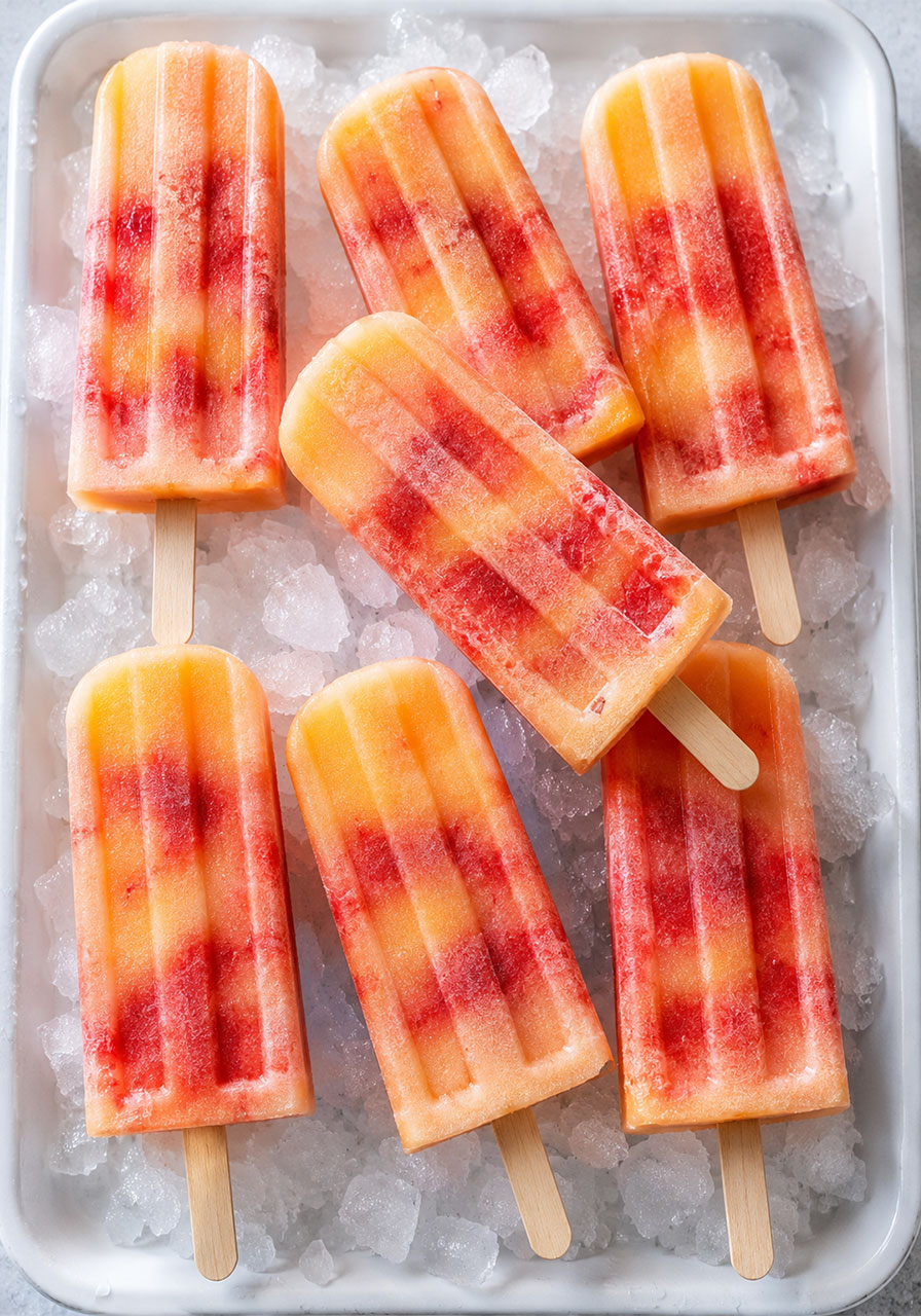 Homemade strawberry peach popsicles with swirled colors on crushed ice for a summer pool party treat