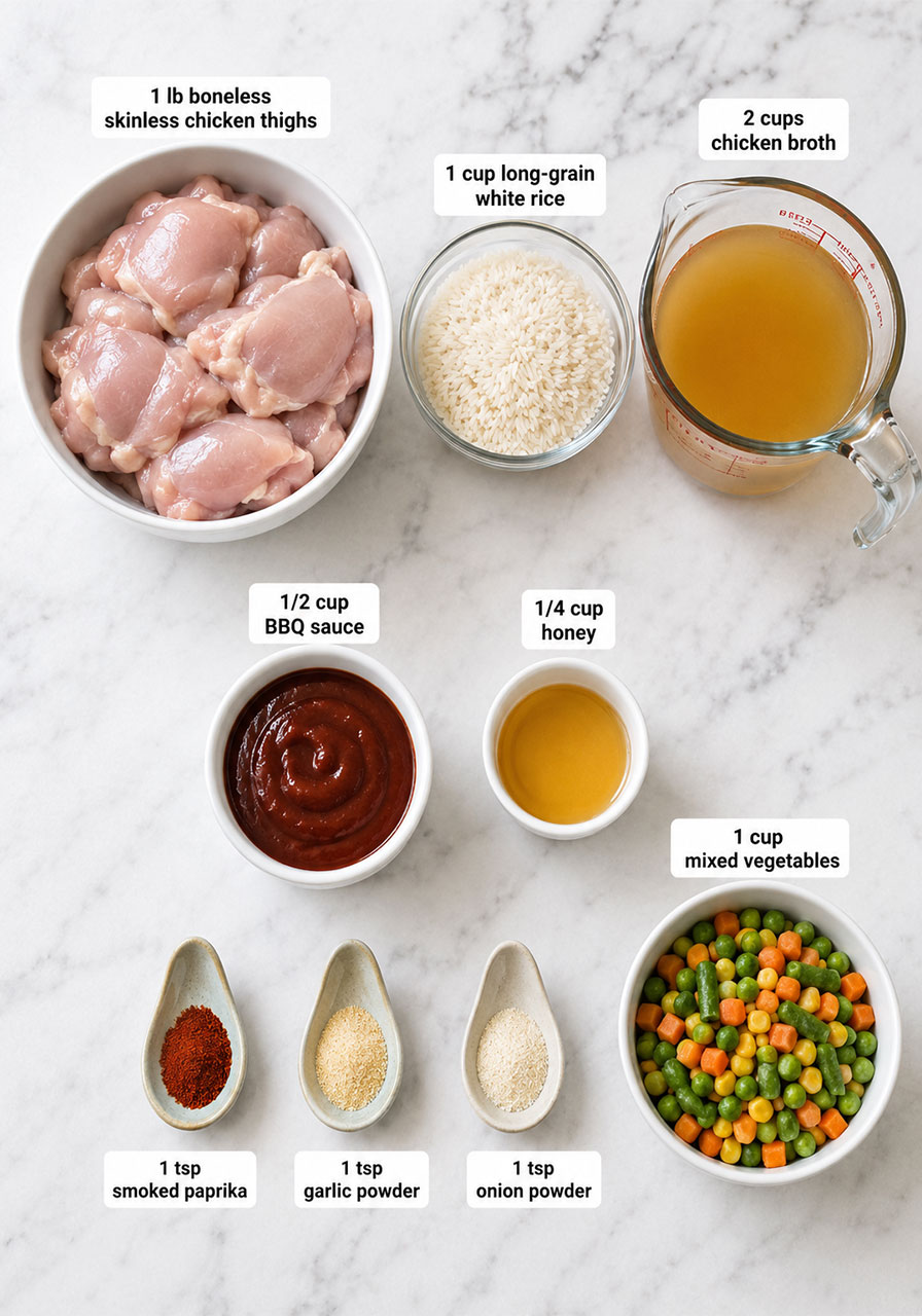 All ingredients for one-pan honey BBQ chicken rice laid out on a white marble surface