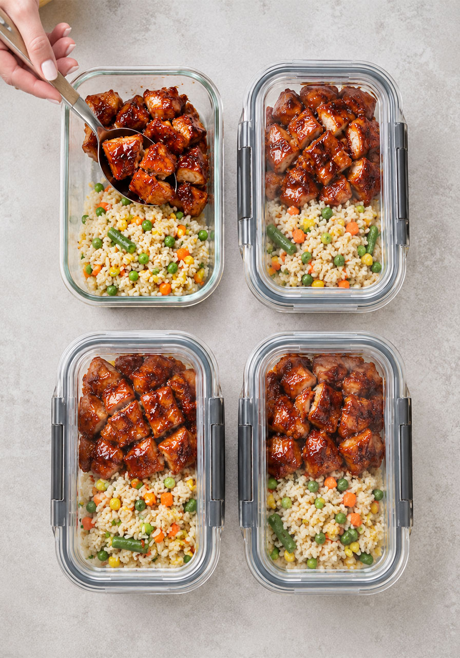 Honey BBQ chicken rice portioned into meal prep containers for easy party food planning
