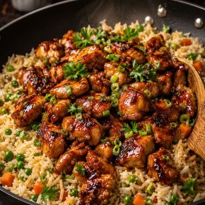 One-pan honey BBQ chicken rice in a black skillet with glossy glaze and mixed vegetables