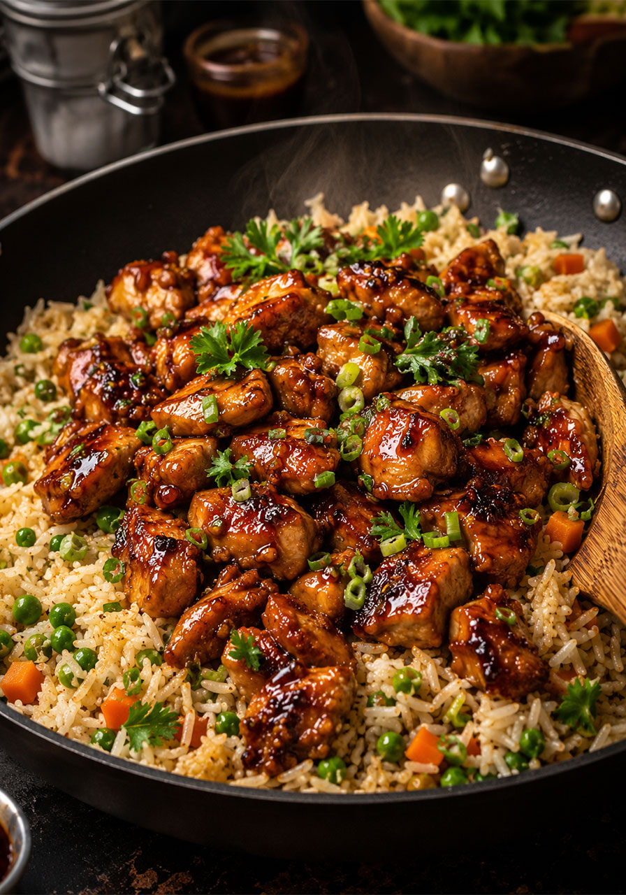 One-pan honey BBQ chicken rice in a black skillet with glossy glaze and mixed vegetables