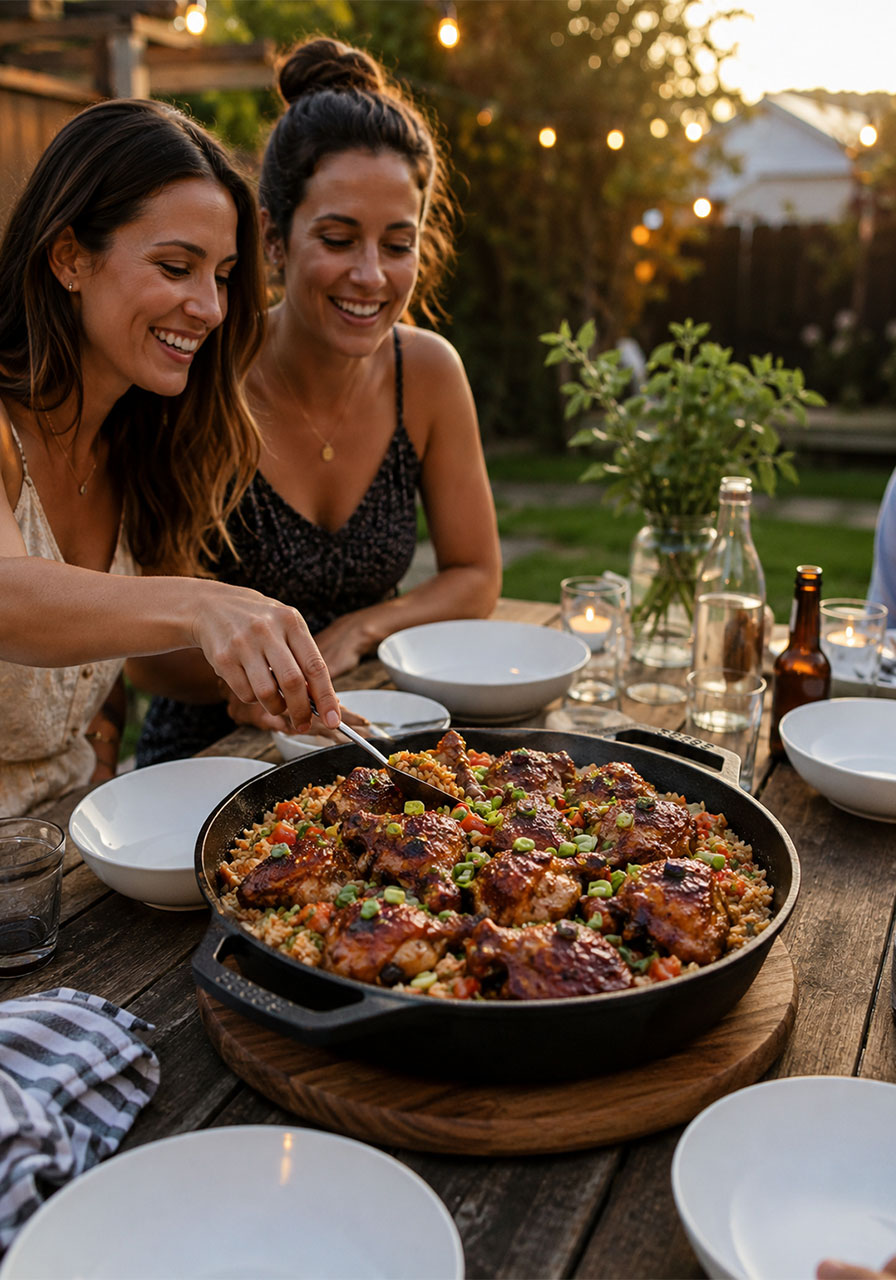 Friends serving one-pan honey BBQ chicken rice at a casual backyard party gathering