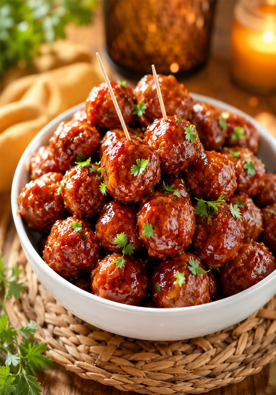 Honey BBQ crockpot meatballs in a white bowl with glossy caramelized sauce and fresh parsley garnish