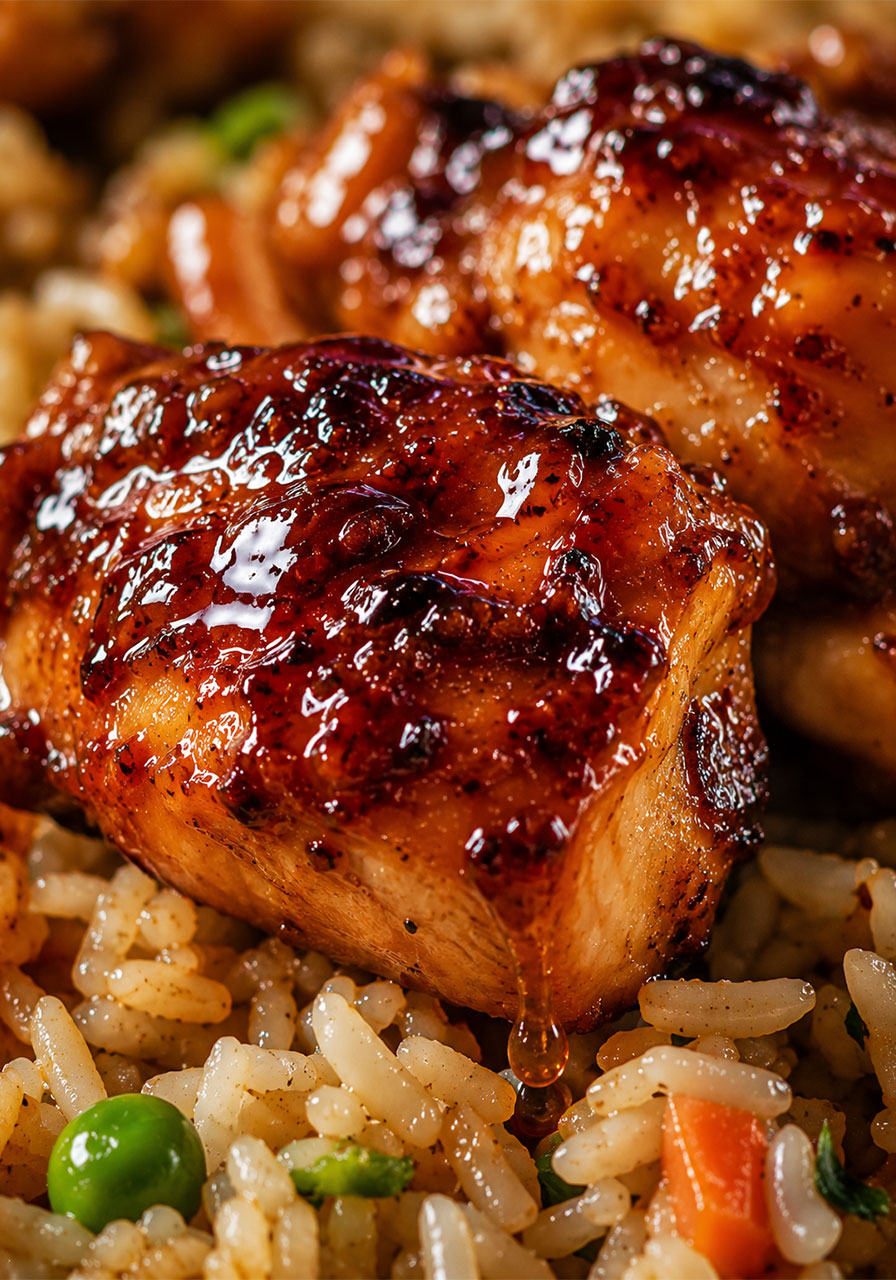 Close-up of glossy honey BBQ glazed chicken pieces over fluffy rice showing caramelized texture