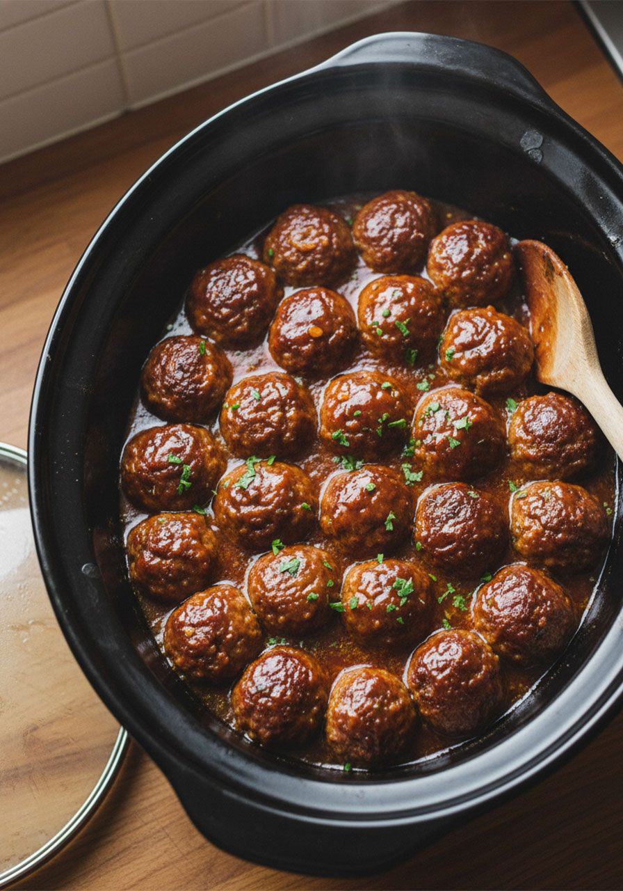 Fully cooked honey BBQ crockpot meatballs in thick glossy caramelized sauce inside a black slow cooker