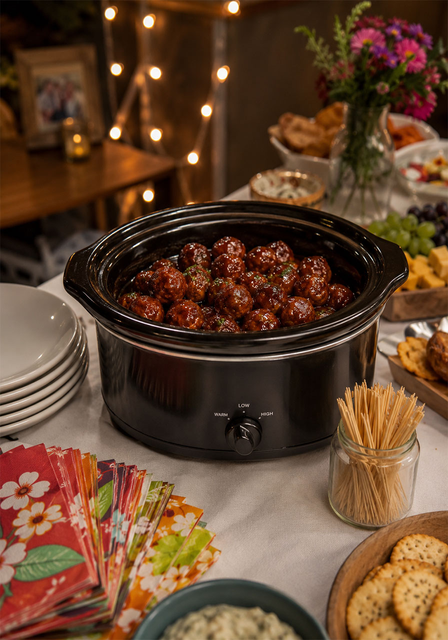 Honey BBQ crockpot meatballs on warm setting in a slow cooker at a party buffet table with toothpicks and plates