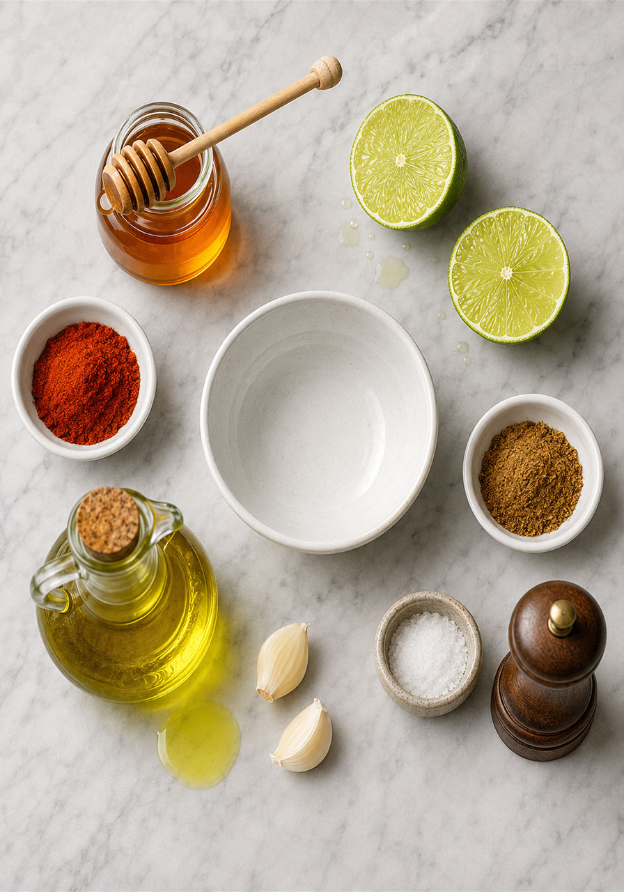 Flat lay of honey lime chicken marinade ingredients including honey, lime, smoked paprika, cumin, garlic, and olive oil