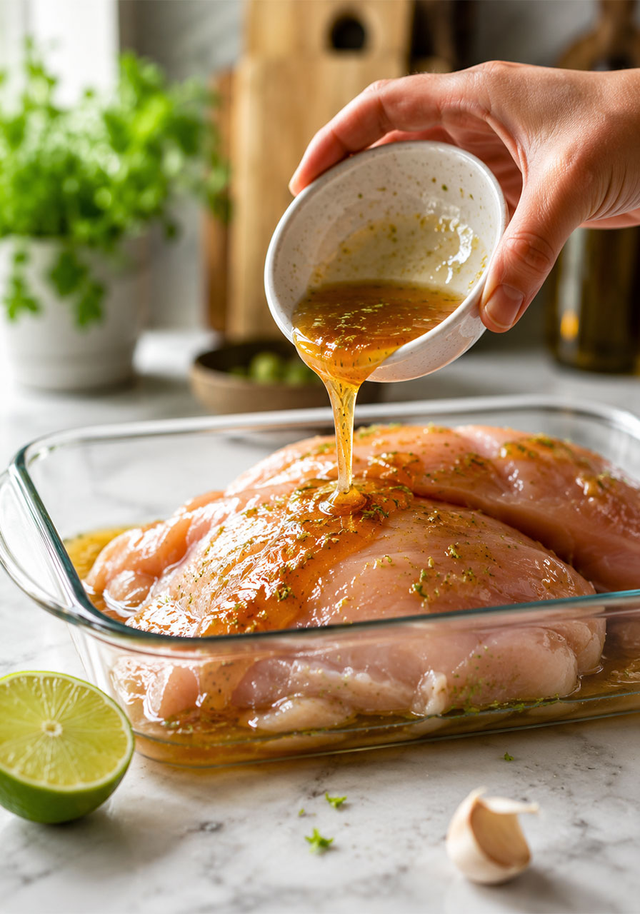 Pouring honey lime marinade over raw chicken breast in a glass baking dish for marinating