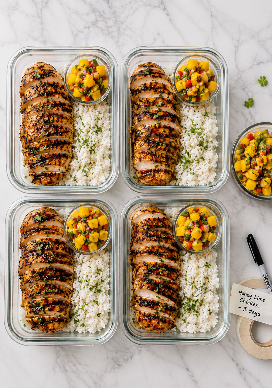 Healthy honey lime chicken meal prep containers with rice and mango salsa for the week