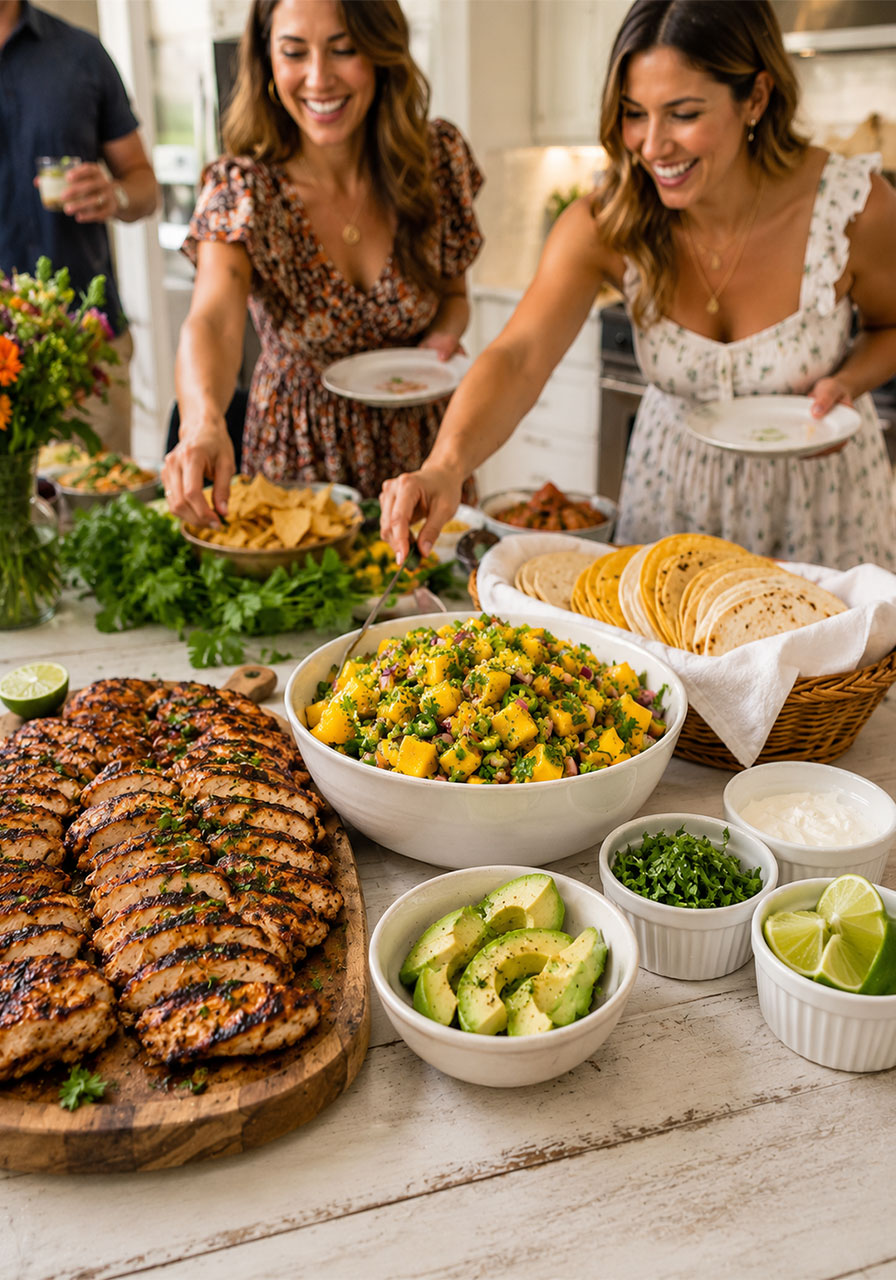 Honey lime chicken taco bar party setup with mango salsa, tortillas, and toppings on a table