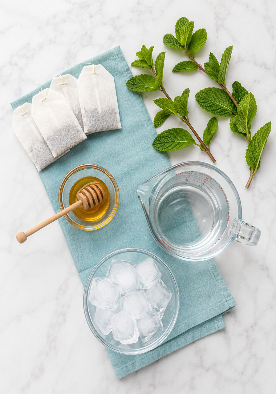 Ingredients for honey mint green iced tea including green tea bags, fresh mint, and honey