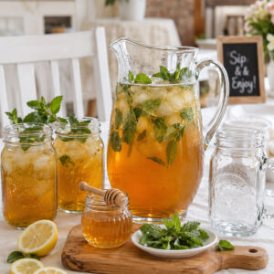 Honey mint green iced tea party drink station with pitcher, mason jars, and fresh mint garnish