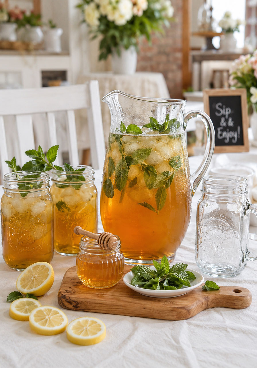 Honey mint green iced tea party drink station with pitcher, mason jars, and fresh mint garnish