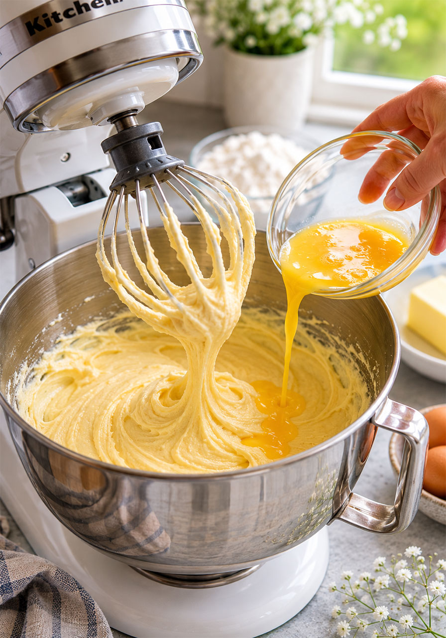 Mixing thick honey tea cake batter in a stand mixer for an airy texture