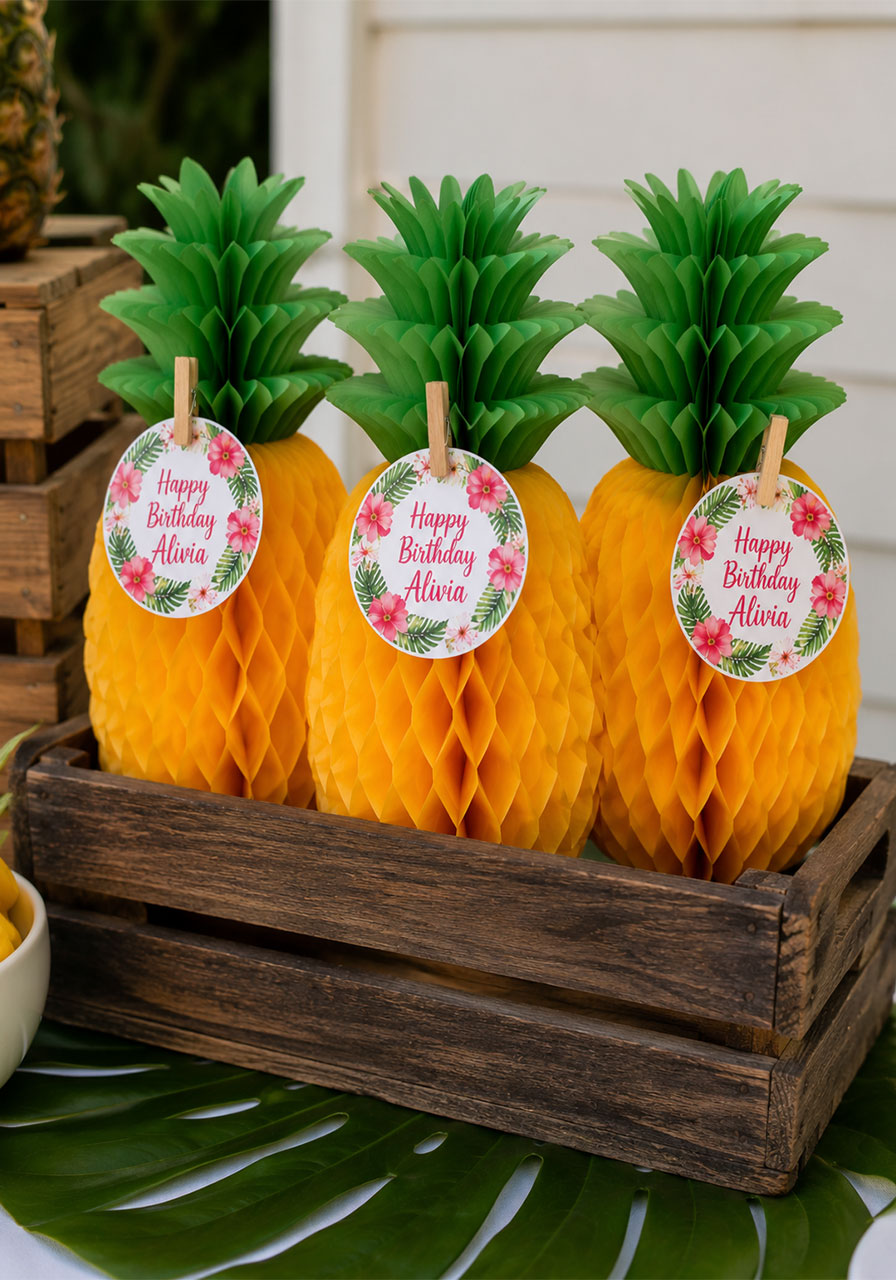 Tissue paper honeycomb pineapple decorations in wooden crate for birthday party snack bar table decor