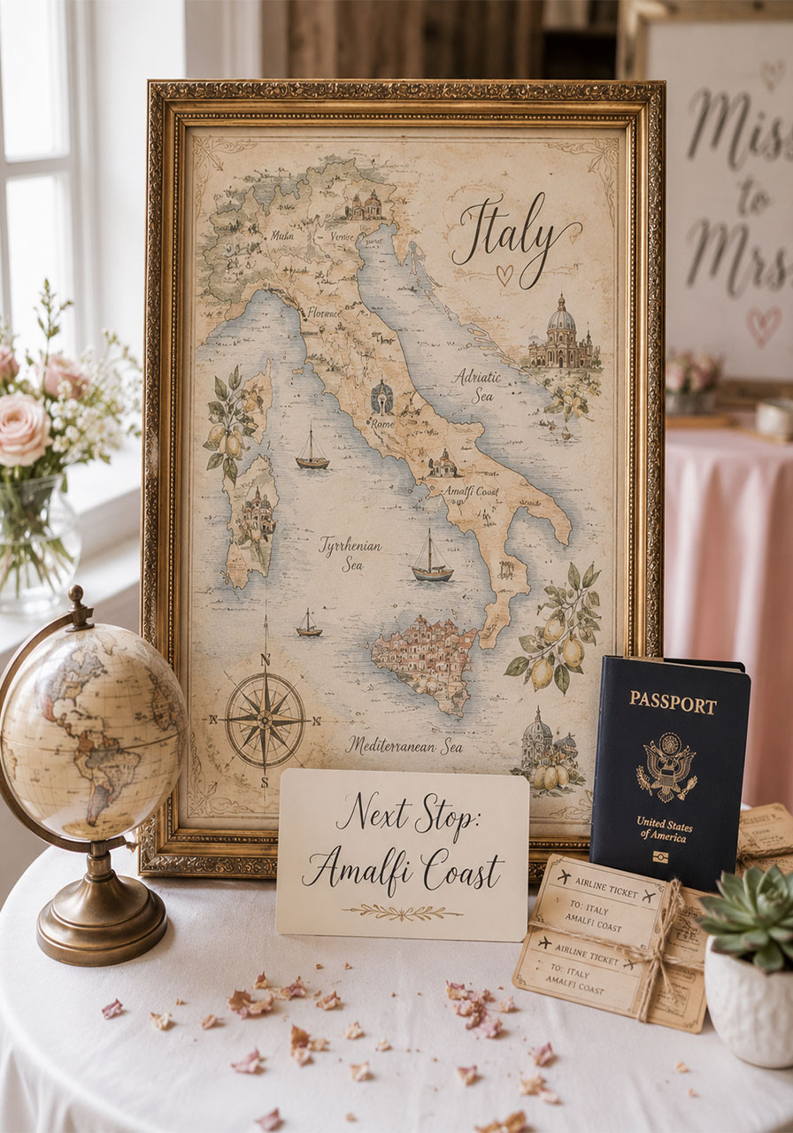 Vintage Italy map in gold frame with Next Stop Amalfi Coast card for travel themed bridal shower display