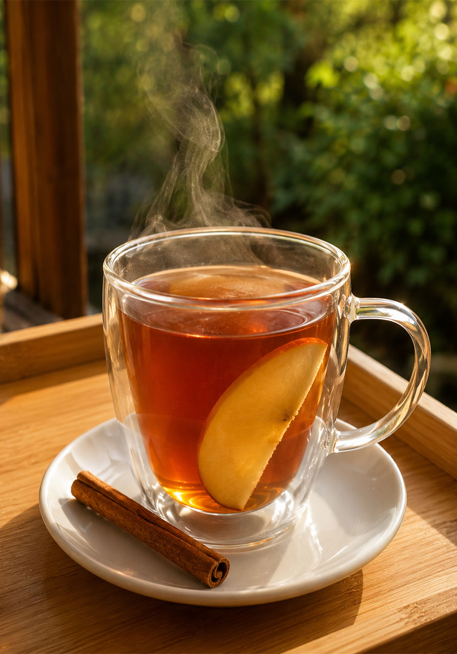 Hot apple cinnamon tea in a clear glass mug with fresh apple slice and cinnamon stick on wooden tray