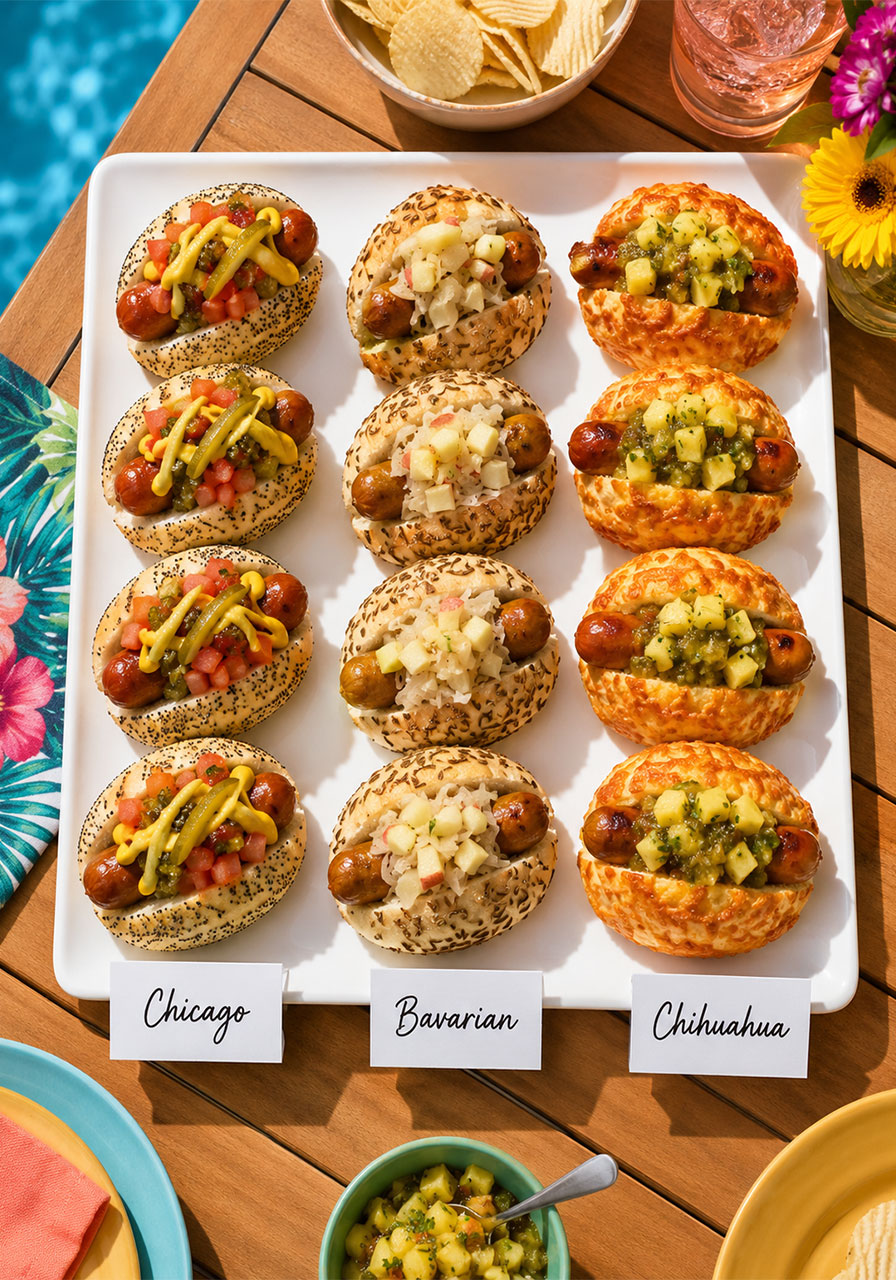 Mini hot dog sliders three ways: Chicago, Bavarian and Chihuahua style on a party board – creative pool party food