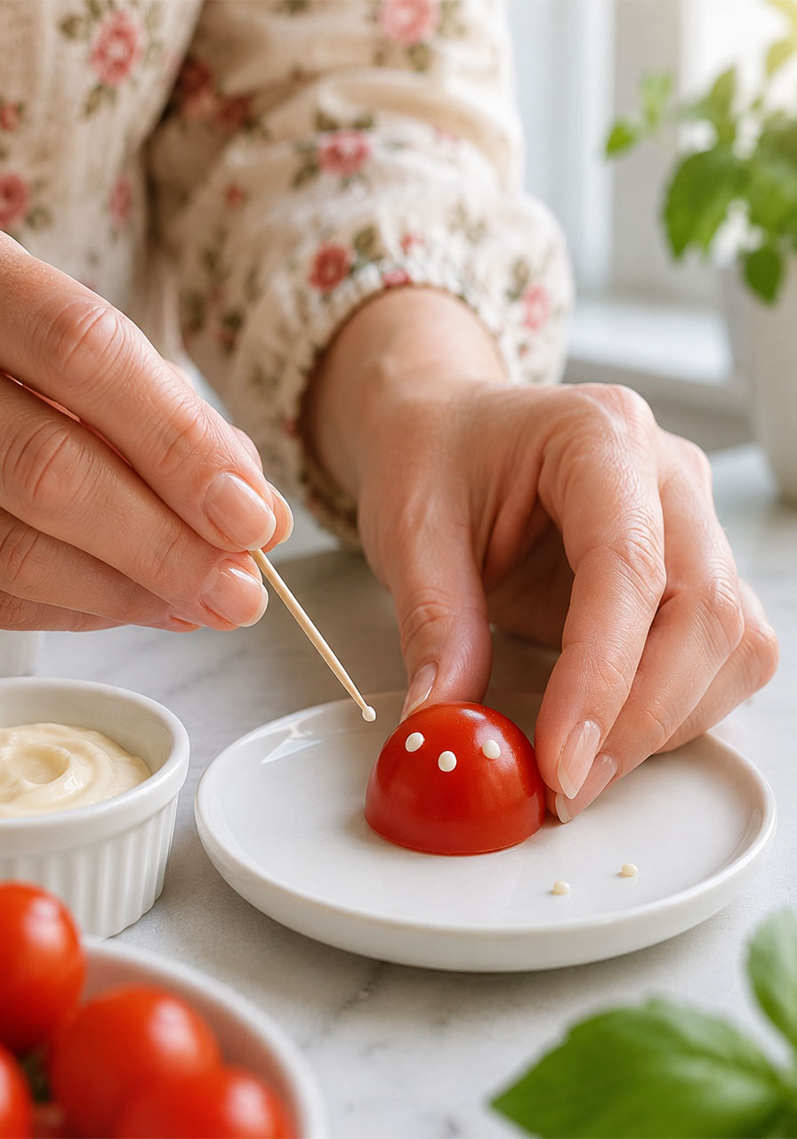 Step-by-step photo showing how to add white sesame seed spots to cherry tomato caps for fairy toadstool caprese bites