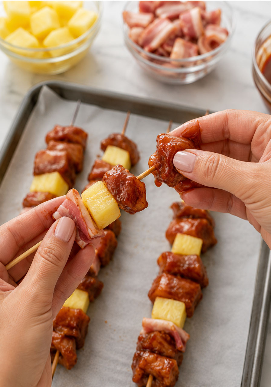 Hands threading marinated chicken, folded bacon, and pineapple chunks onto a wooden skewer to assemble BBQ chicken kabobs