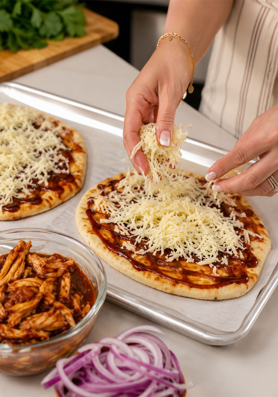 Step-by-step assembly of BBQ chicken flatbread showing cheese layering over BBQ sauce on naan before adding toppings