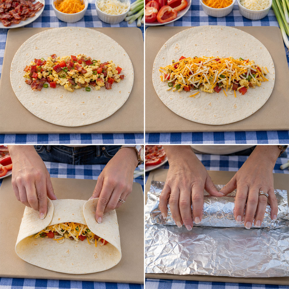 Four panel collage showing how to assemble and wrap a bacon egg and cheese camping breakfast burrito in foil