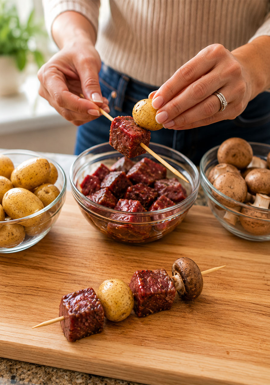 Step-by-step assembly of grilled steak and potato kabobs showing threading pattern on bamboo skewers