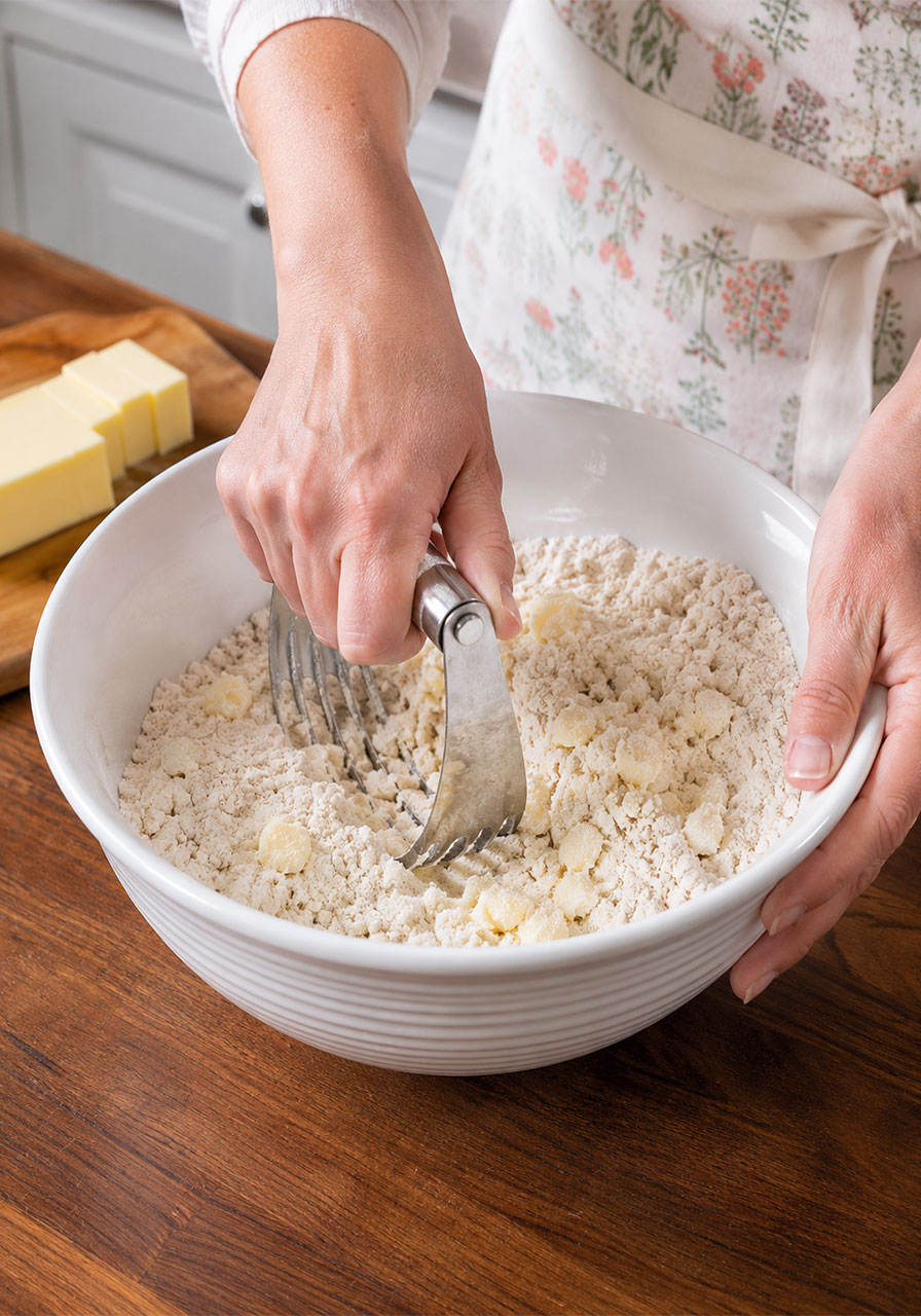 Woman using a pastry cutter to cut cold butter cubes into flour mixture in a white bowl for homemade scones