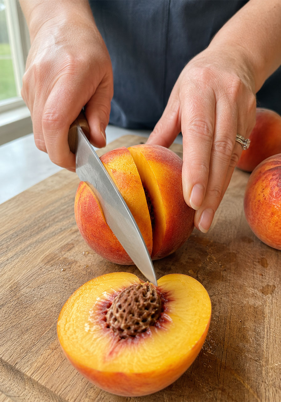 Slicing a ripe peach in half to remove the pit for campfire peachies recipe