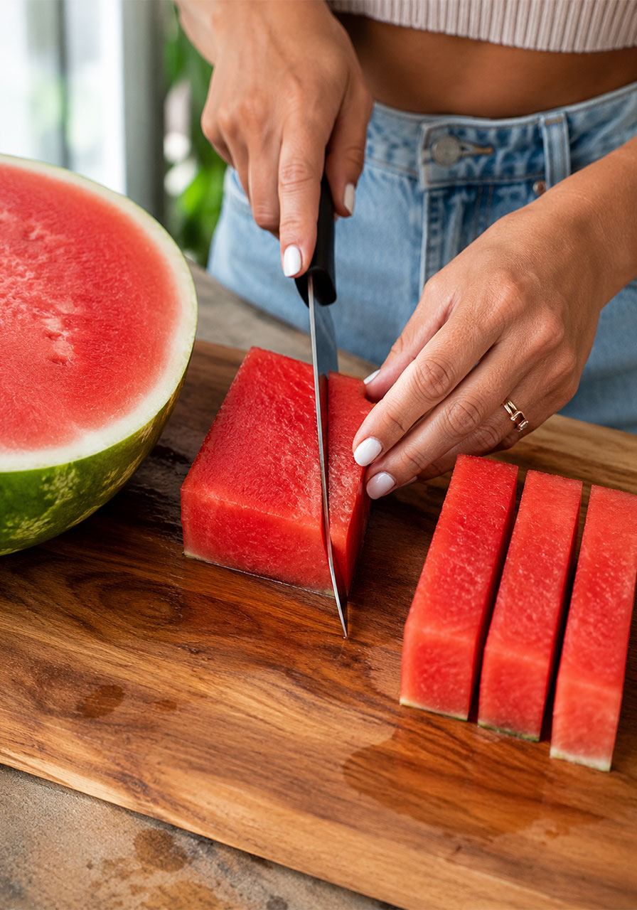 Hands cutting a watermelon into 5-inch rectangular batons on a wooden cutting board for watermelon skewers
