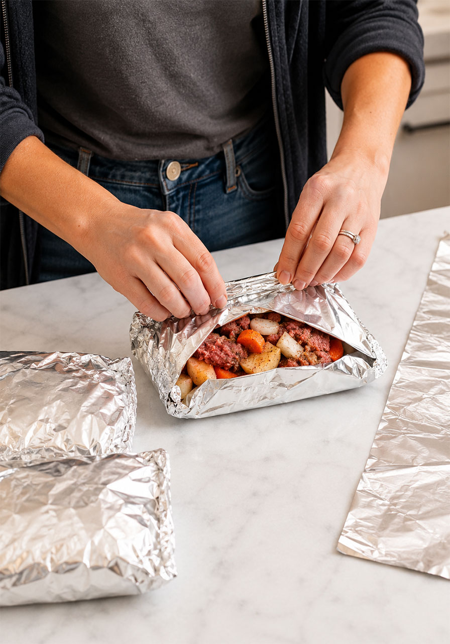 Hands tightly folding and sealing aluminum foil packet with beef and vegetable filling inside for hobo dinner