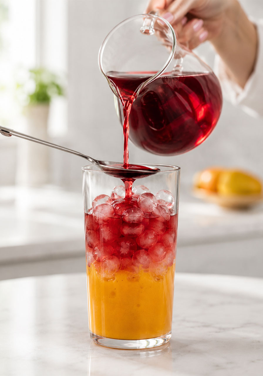 A hand pouring hibiscus tea over the back of a spoon into a glass of mango purée and ice to create the two-layer mango hibiscus tea effect
