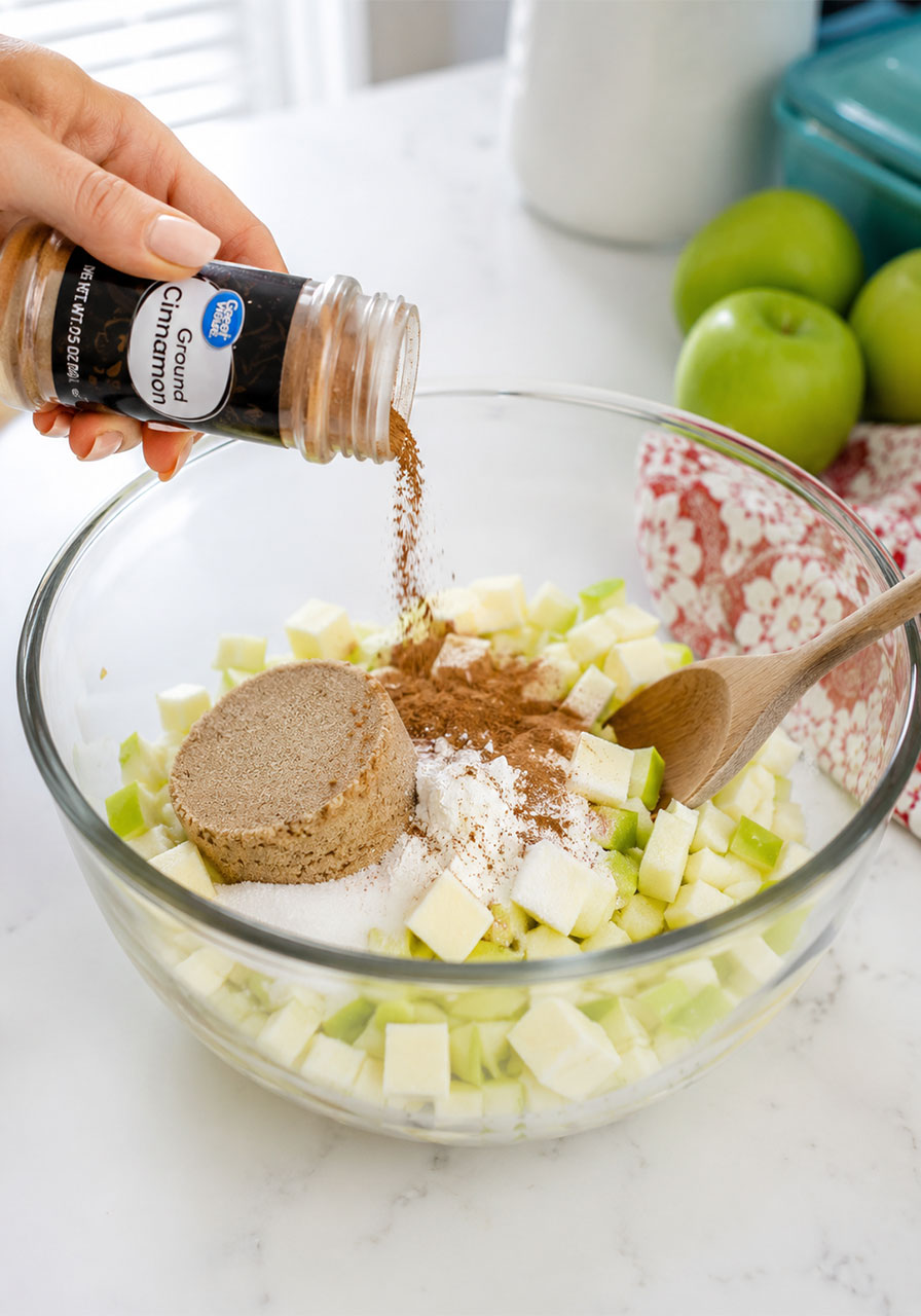 Diced apples mixed with brown sugar, cinnamon, and butter in a glass bowl for campfire apple pie packets