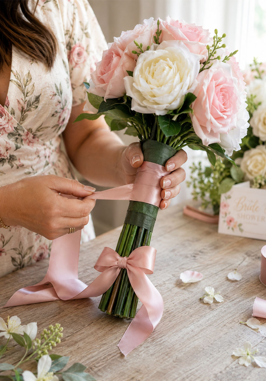 Hands wrapping satin ribbon around faux flower bouquet stems to make a pass the bouquet bridal shower game prop