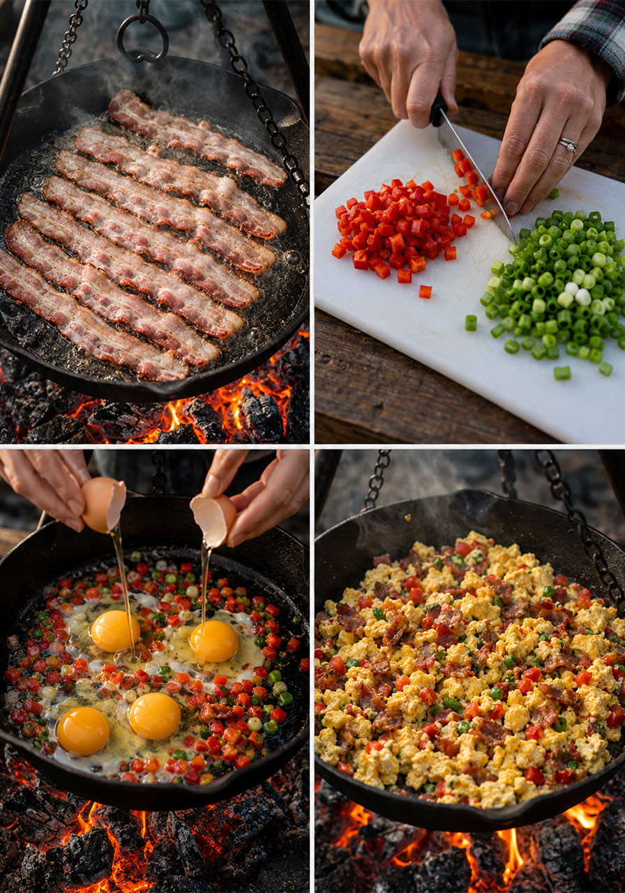 Four step collage showing how to cook bacon egg and cheese camping breakfast burrito filling in a cast iron skillet over a campfire
