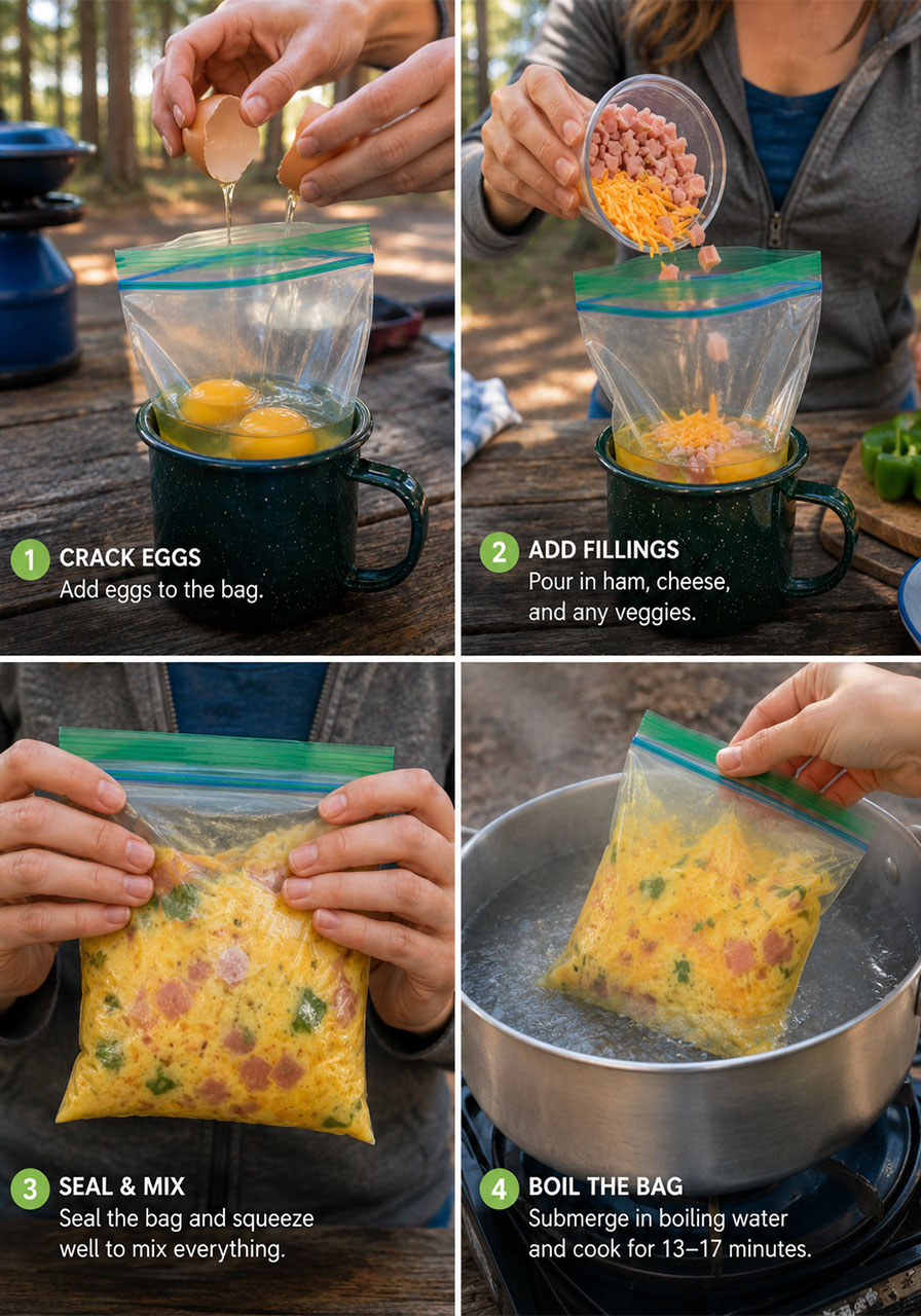 Step-by-step process of making omelet in a bag at a campsite, showing cracking eggs, adding fillings, sealing the bag, and boiling in a pot