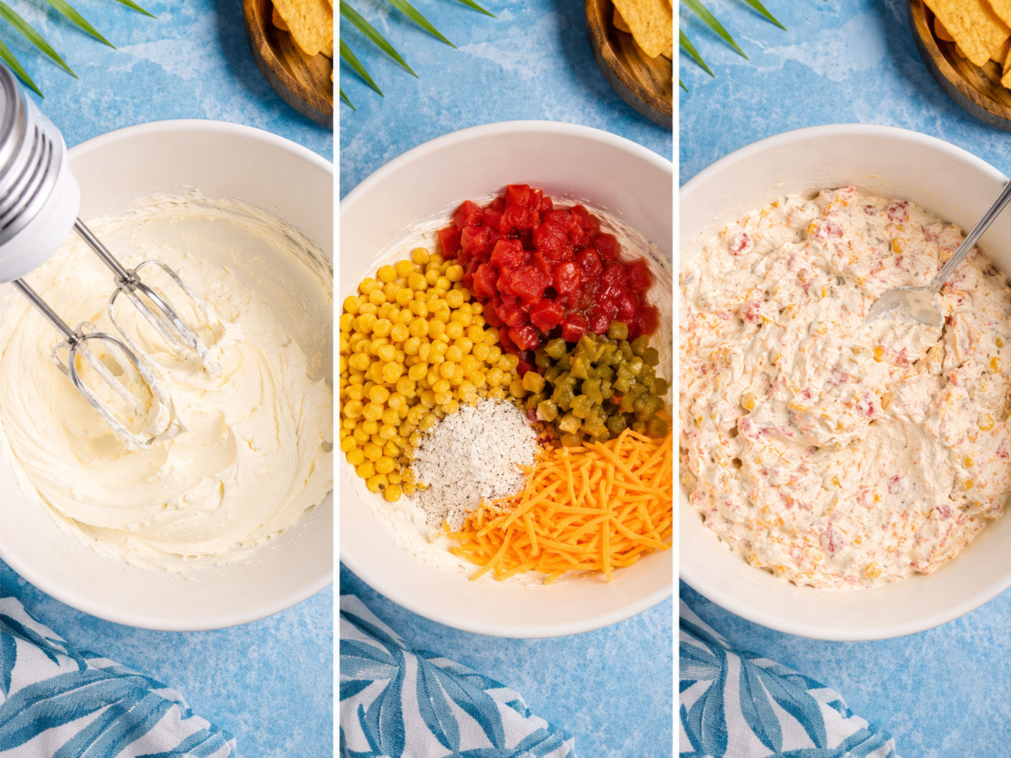 Step-by-step process of making creamy TikTok boat dip showing mixing bowl stages