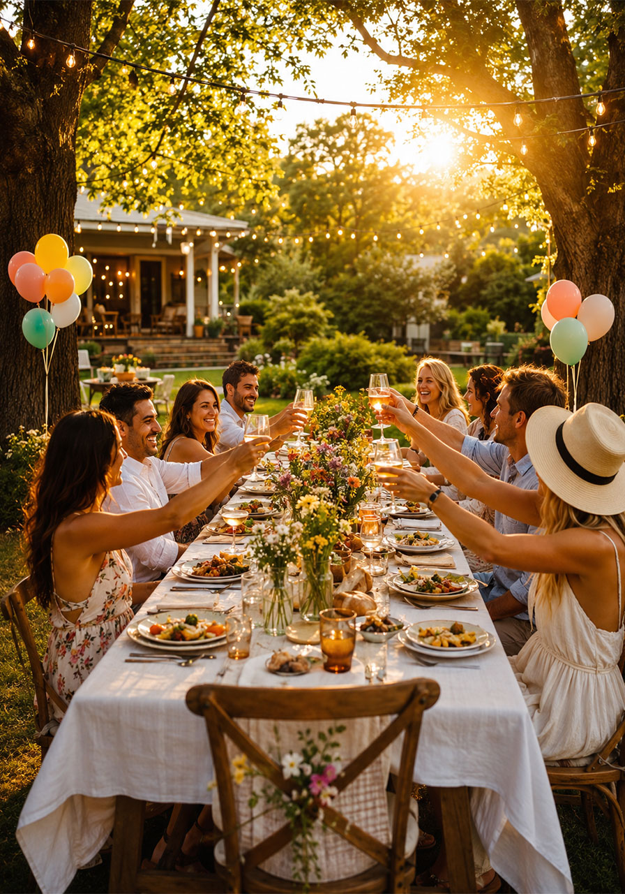 How to plan the perfect summer party – backyard gathering with string lights and long dinner table