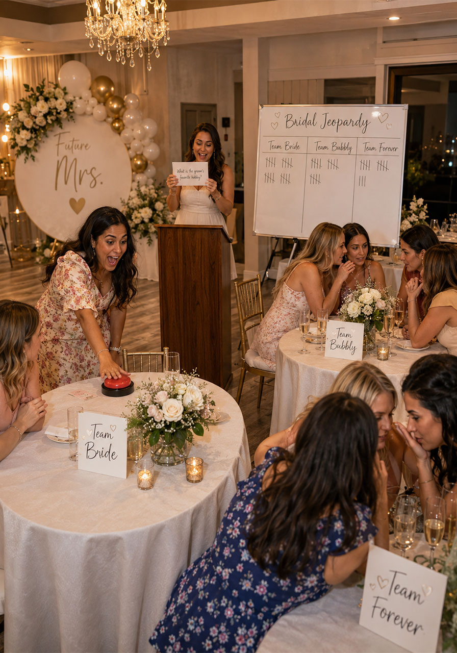 Three teams of women playing Bridal Jeopardy at a bridal shower, one player pressing the buzzer while the host reads a question