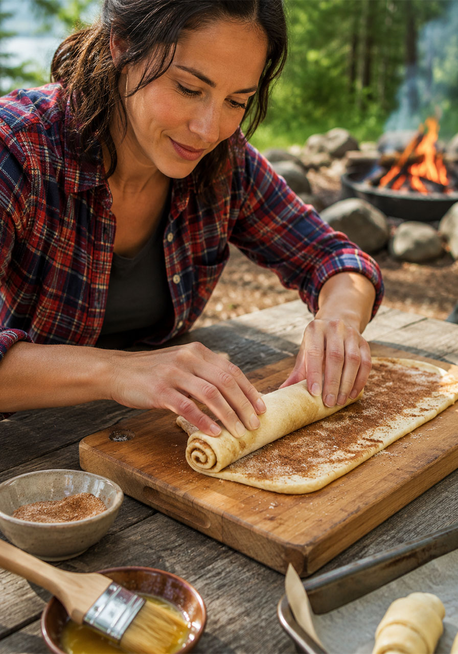 Woman rolling cinnamon sugar crescent dough into log shape at campsite to make campfire cinnamon roll-ups